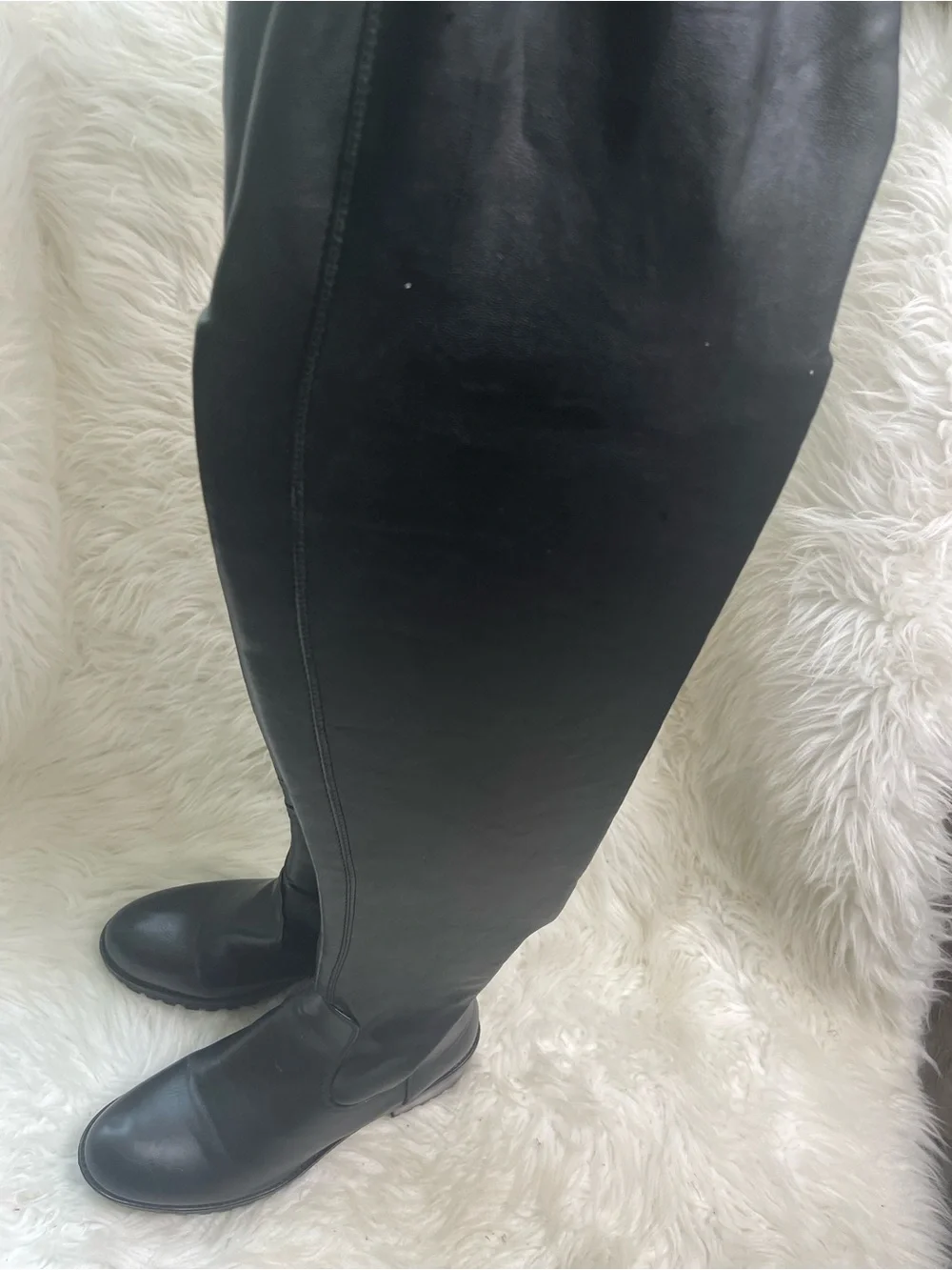 Azalea Wang over the knee black vegan soft leather pull on boots low heels SZ7